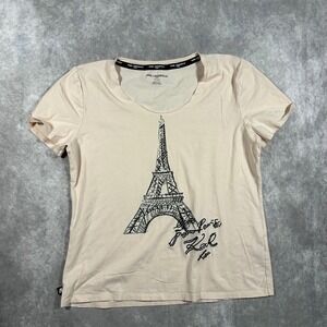 Karl Lagerfeld Paris Womens M Peach Eiffel Tower Beaded Graphic Tee Shirt Chic